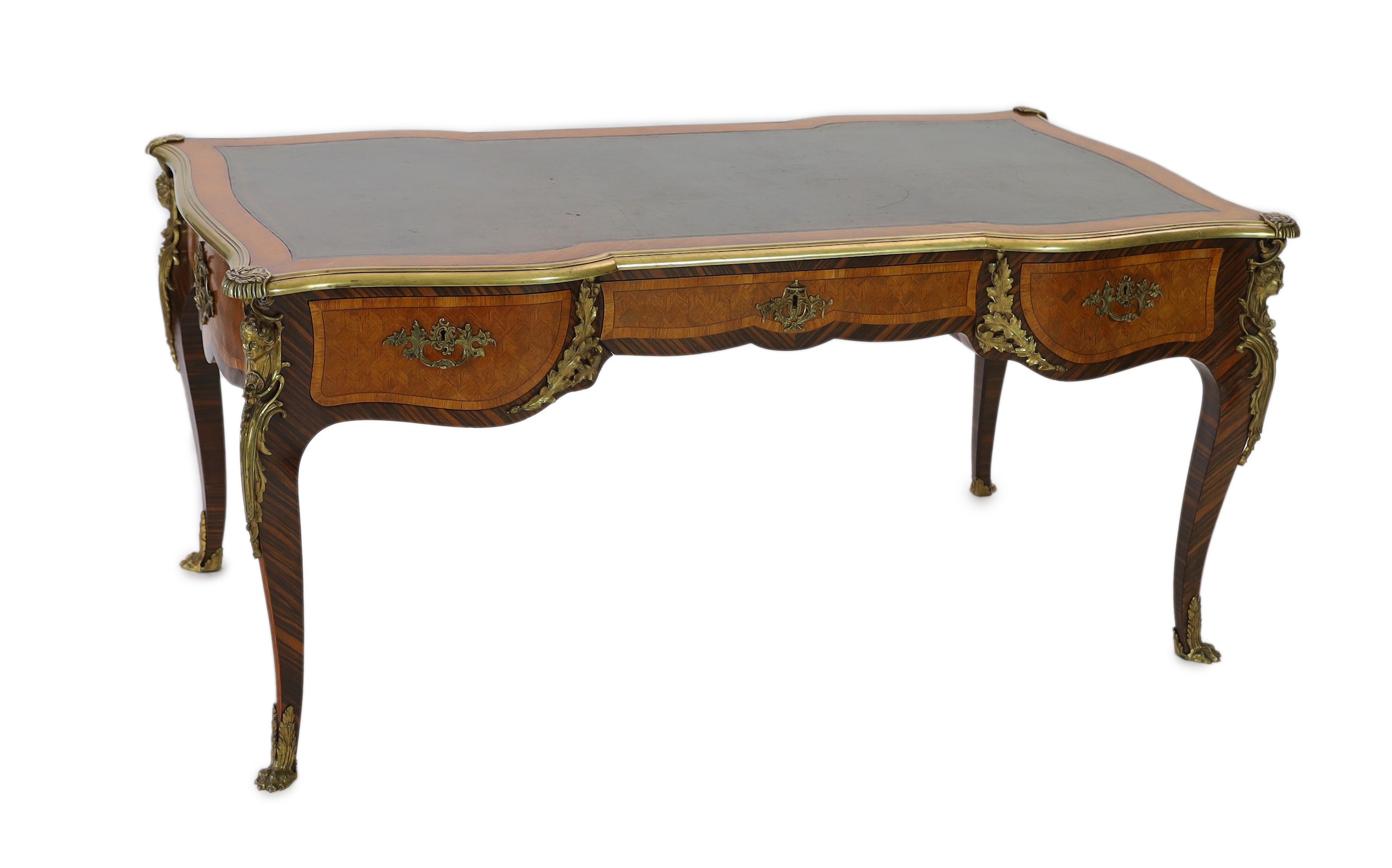 A Louis XVI style kingwood and parquetry bureau plat 166 x 90cm. Height 78cm.